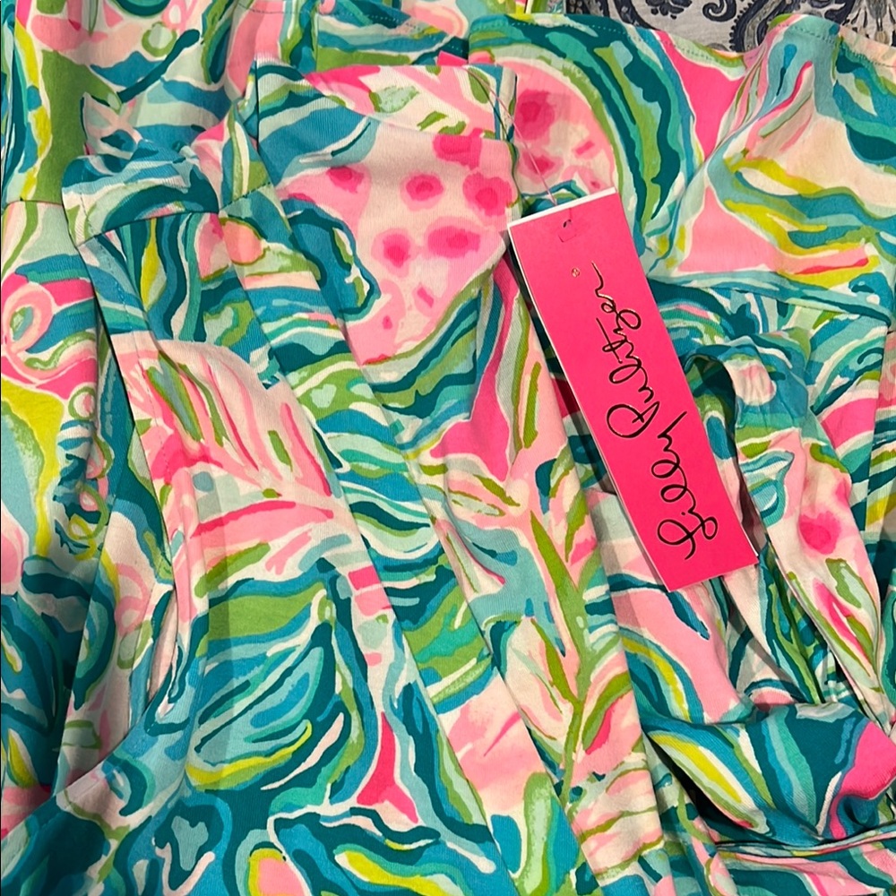 Lilly Pulitzer Rilla Romper Pink and Blue Tropical wrap skirt Dress